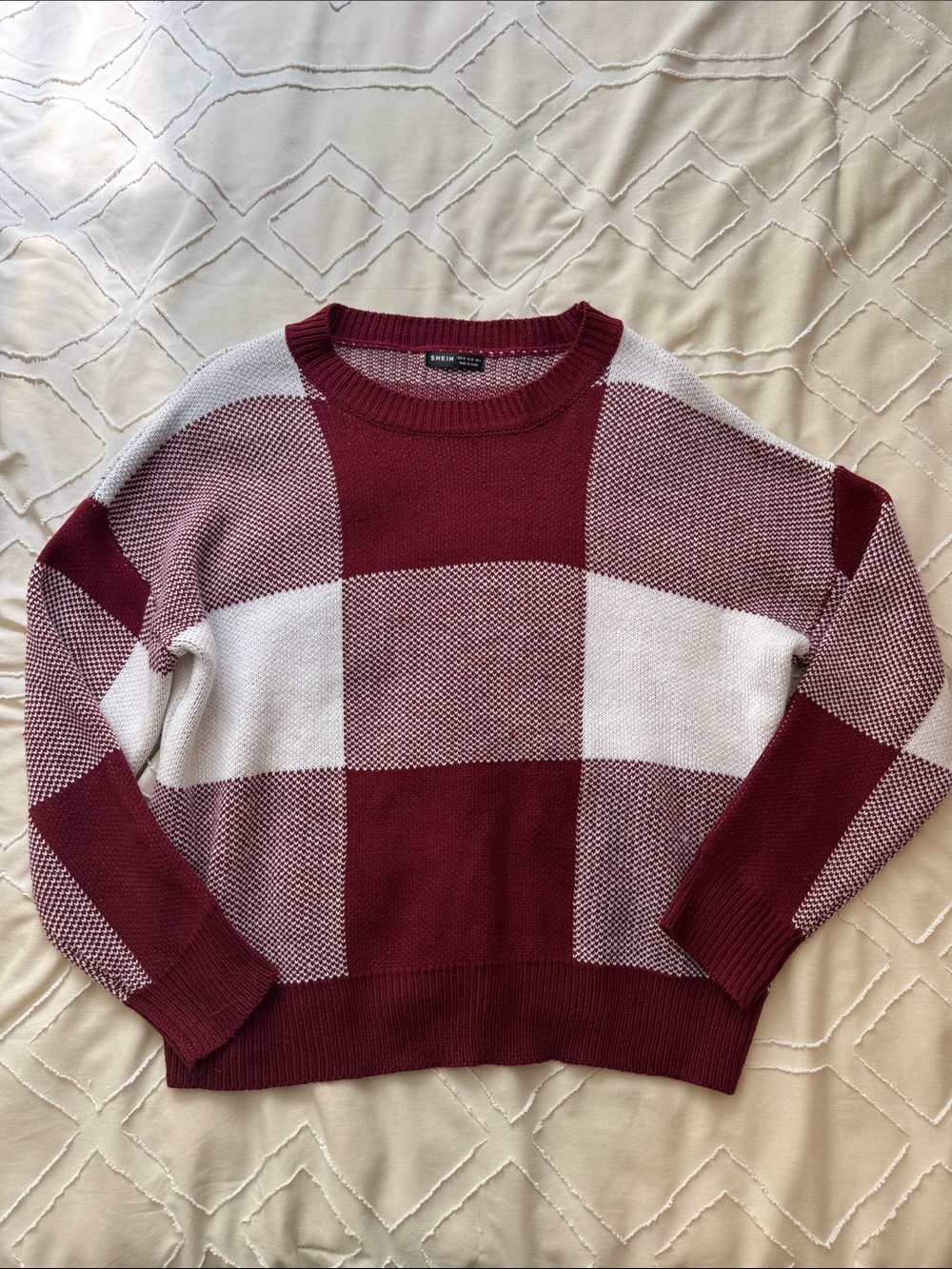 Madewell Burgundy and White Checkerboard Crewneck Sweater